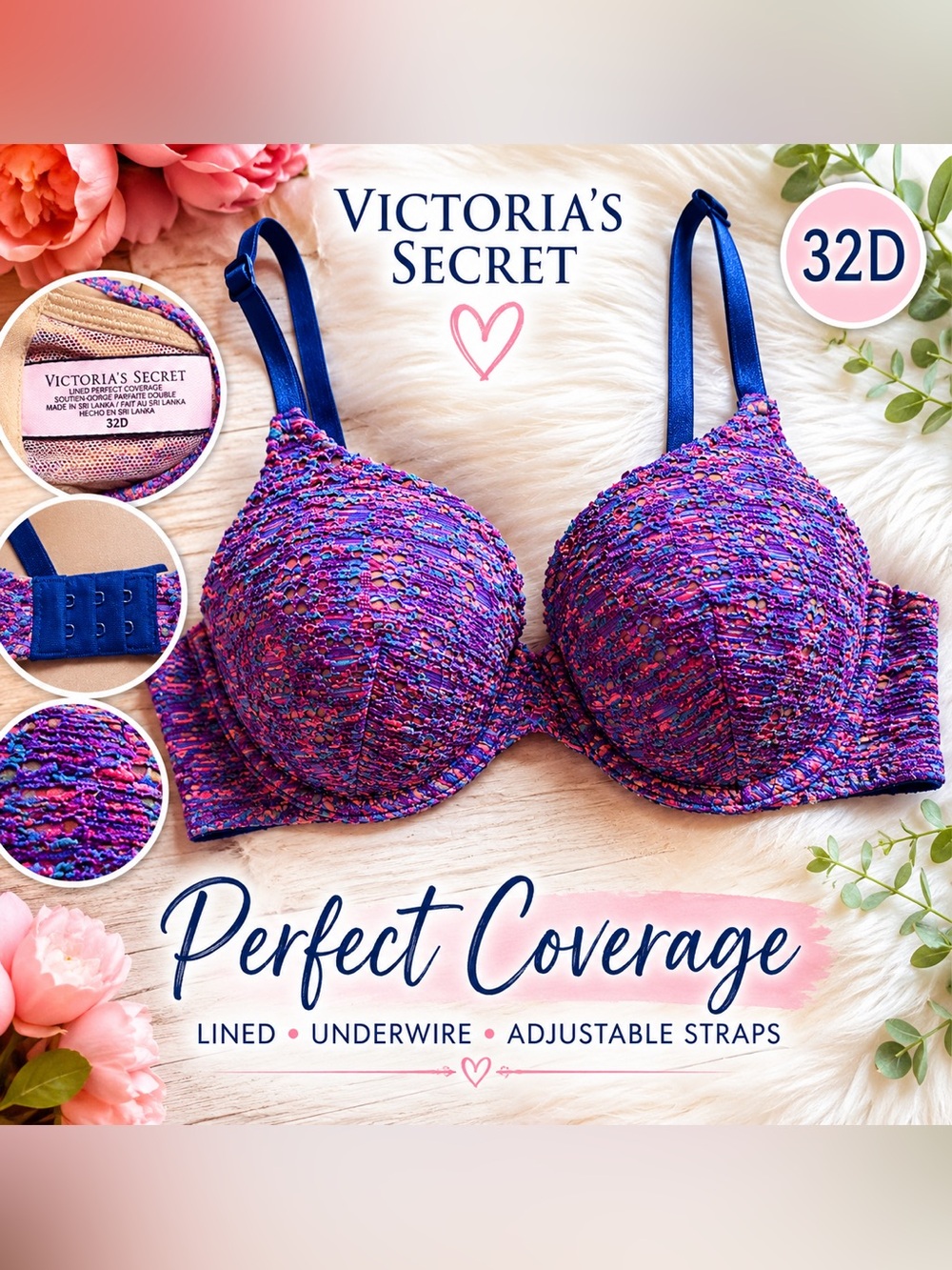 Victoria’s Secret Lined Perfect Coverage Lace Bra 32D Blue Pink